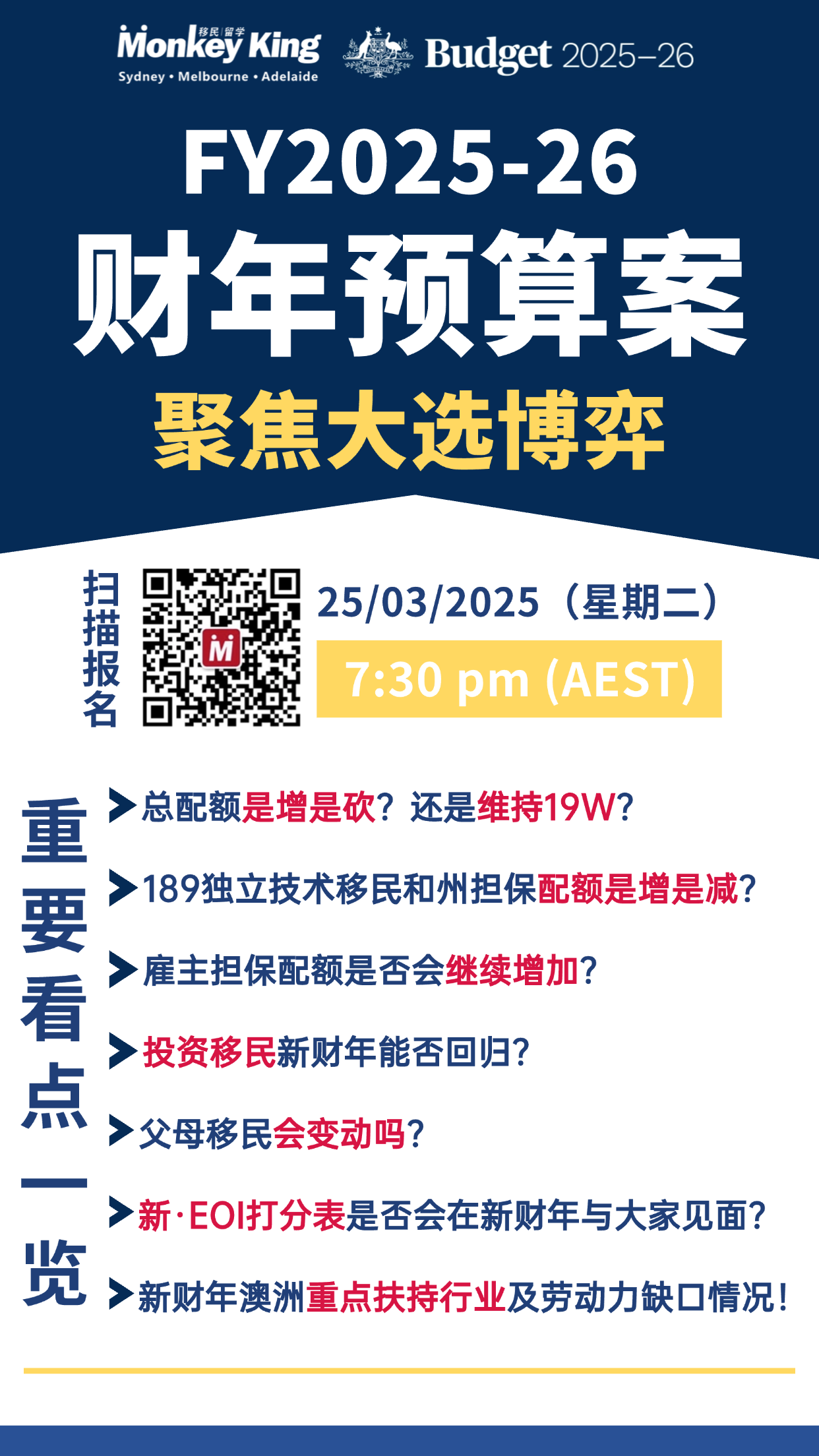 25-26财年移民配额公布倒计时！澳大选前最后一轮博弈！配额是增是减？新·EOI打分表是否会被启用？3·25一见分晓！ - Monkey King